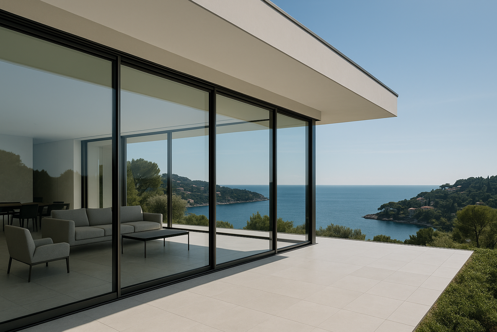 Baie vitrée pliante jusqu'à 8 vantaux en verre étanche, avec ouverture partielle ou totale, au meilleur prix à Cannes et les Alpes-Maritimes