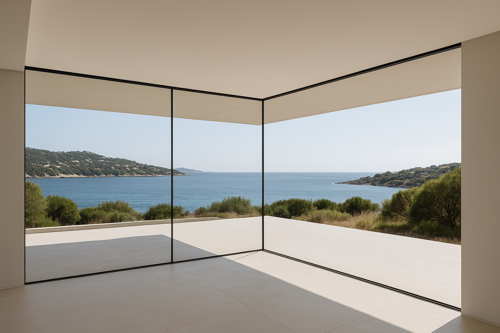 Création de baies vitrées invisibles en Corse: coulissants minimalistes sur mesure, design ultra-fin, vue panoramique, intégration parfaite dans les projets de prestige.