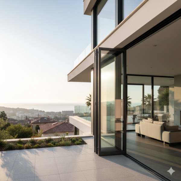 Installation de baie vitrée minimaliste accordéon à Cannes pour villas contemporaines