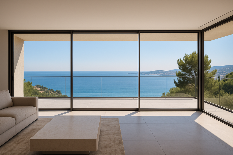 Baies vitrées coulissantes de grande dimension pour vues mer panoramiques à Cannes