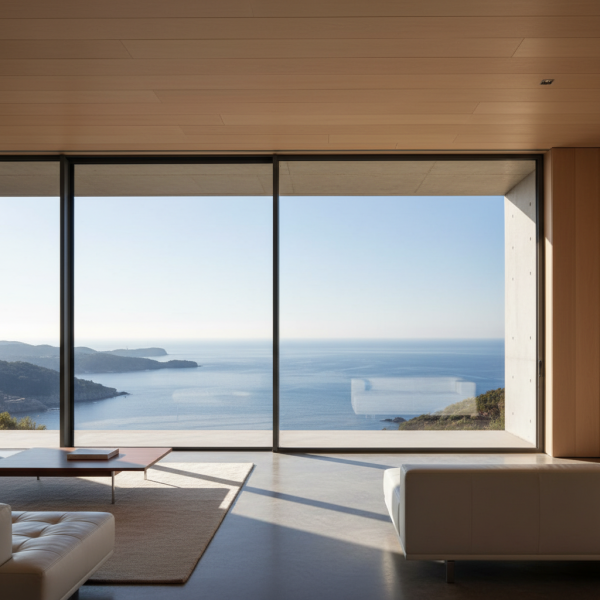Grande baie vitrée minimaliste sans montant central dans une villa, vue sur mer.