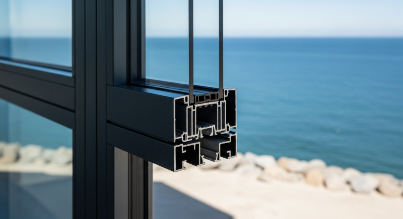 Gros plan sur un cadre de fenêtre moderne de bord de mer, mer en arrière-plan.