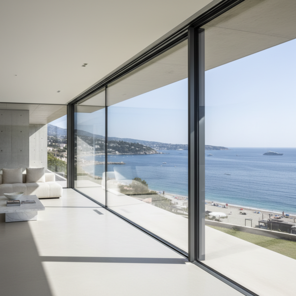Grande baie vitrée minimaliste en aluminium, intégrée dans une villa moderne, vue mer.