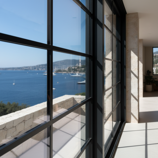 Fenêtre aluminium grand format, profil fin noir, vue mer Méditerranée depuis villa.