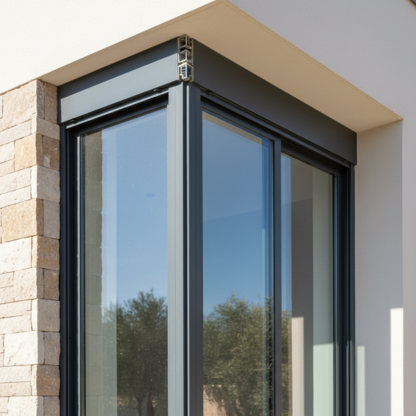 Fenêtre aluminium grand format anthracite, profilés fins, double vitrage, dans un intérieur moderne.