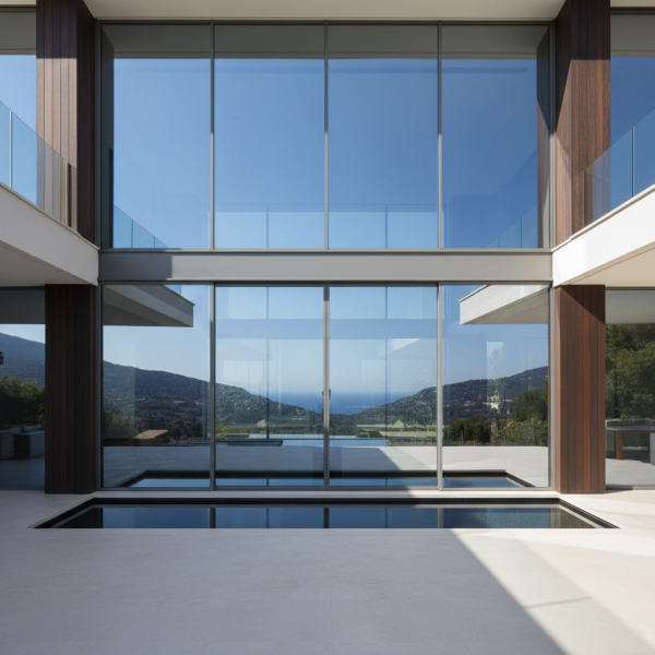 Grande fenêtre aluminium XXL intégrée dans une façade vitrée de villa moderne.