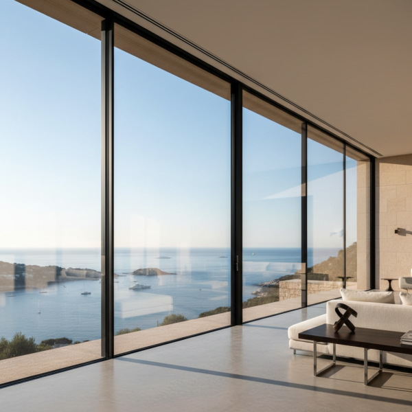 Grande baie coulissante en aluminium noir, profilés fins, vue mer Méditerranée.
