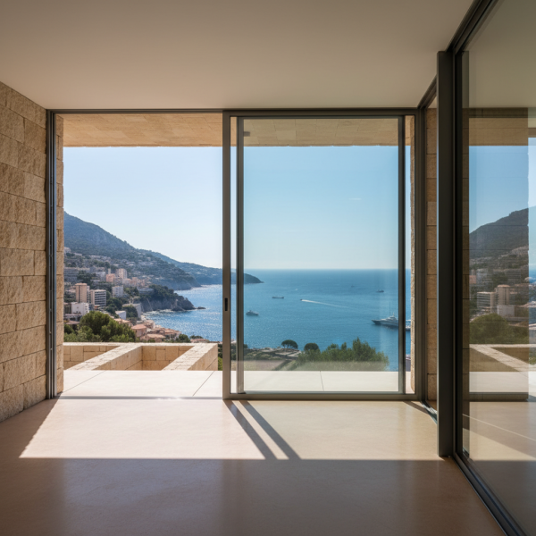 Baie coulissante minimaliste sur terrasse avec vue mer en Corse.