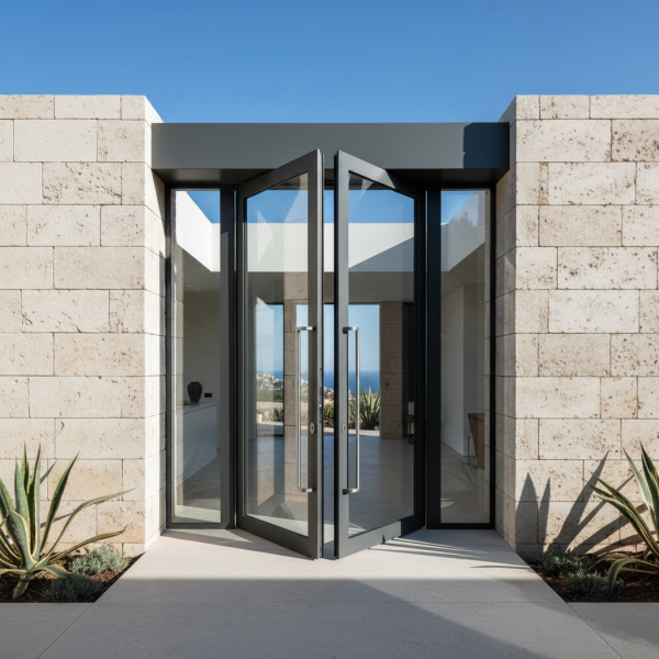 Grande porte pivotante en aluminium et verre dans l'entrée d'une maison d'architecte moderne.