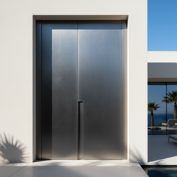 Porte d'entrée pivotante extra-large en aluminium brossé foncé, intégrée à une villa contemporaine.