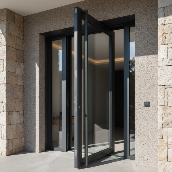 Grande porte pivotante en verre et aluminium d'une villa moderne.