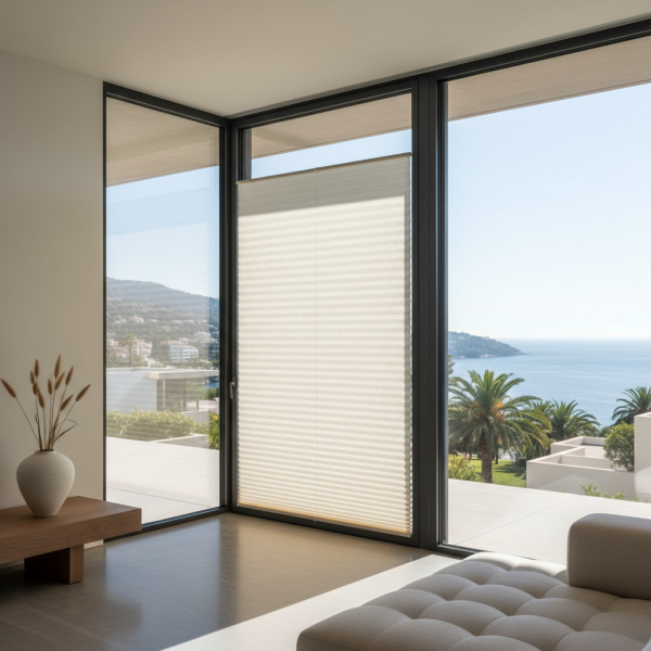 Store plissé intégré dans une grande baie vitrée aluminium contemporaine.