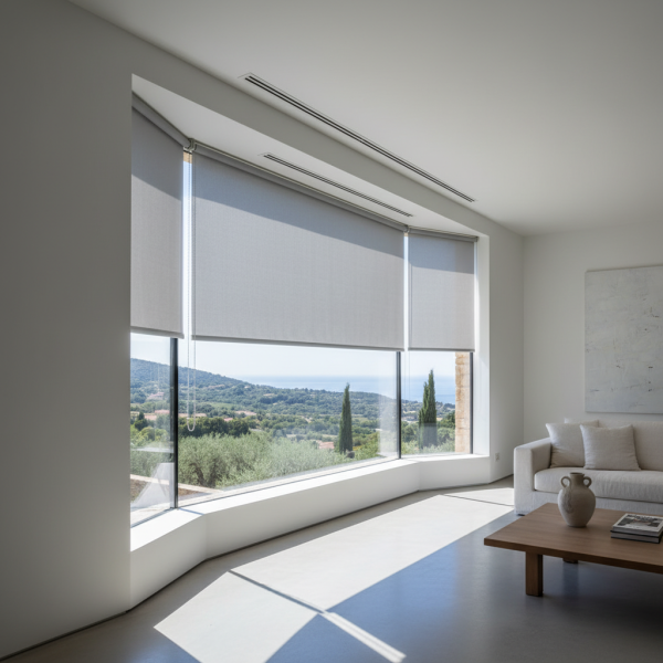 Store motorisé minimaliste intégré dans une baie vitrée de villa moderne à Saint-Tropez.