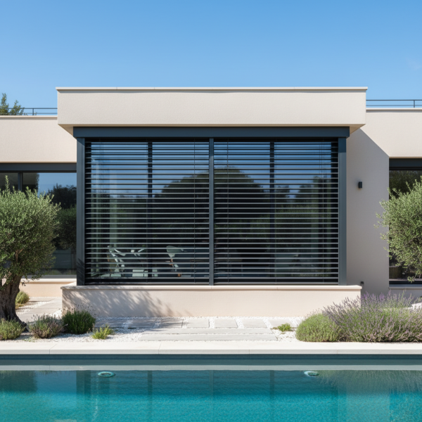 Brise-soleil orientables modernes intégrés à une baie vitrée grand format sur une façade.